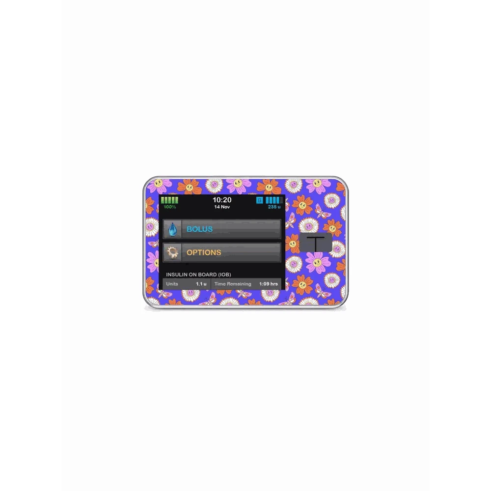 Tandem T-Slim insulin pump with floral vinyl sticker from Spring Edition 2025.
