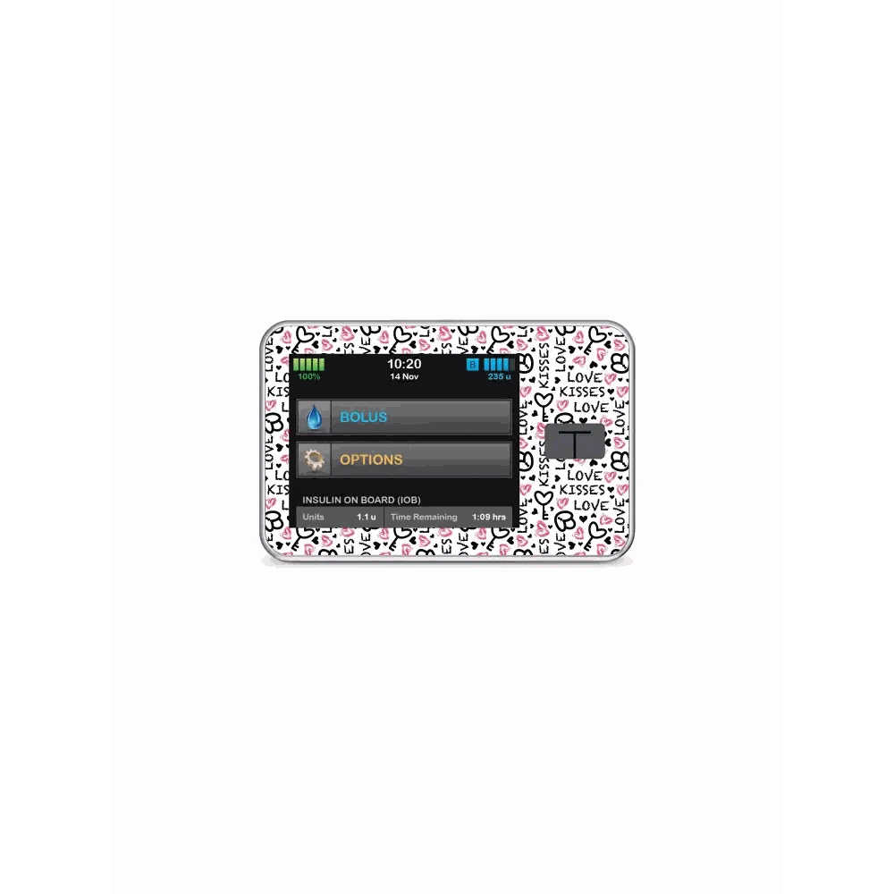 Tandem TSlim insulin pump with Valentine 2025 sticker design.