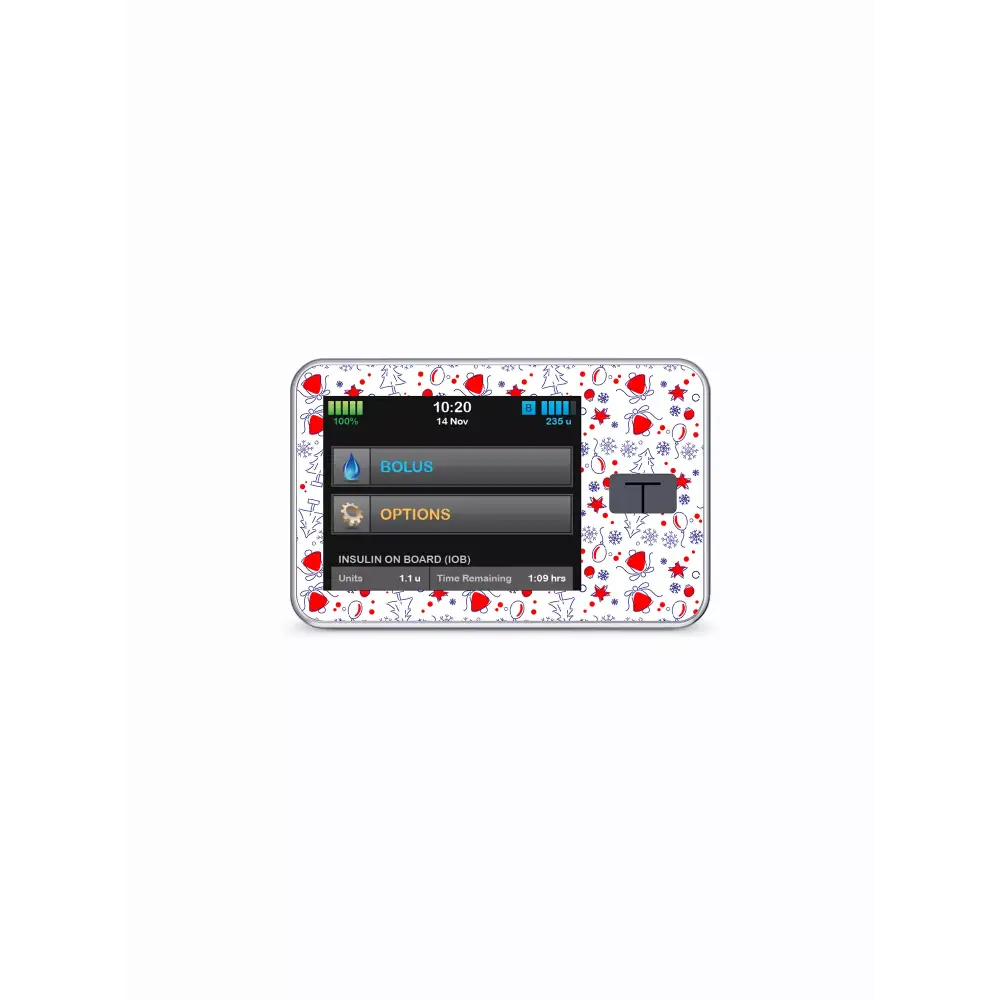 Portable gaming device with heart-patterned skin from Tandem T-Slim Christmas-themed stickers