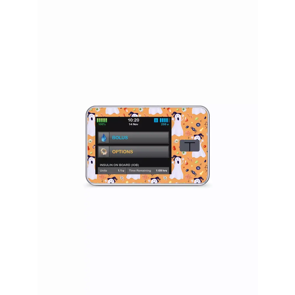 Tandem t:slim Insulin Pump with Halloween Edition stickers featuring spooky ghost design.