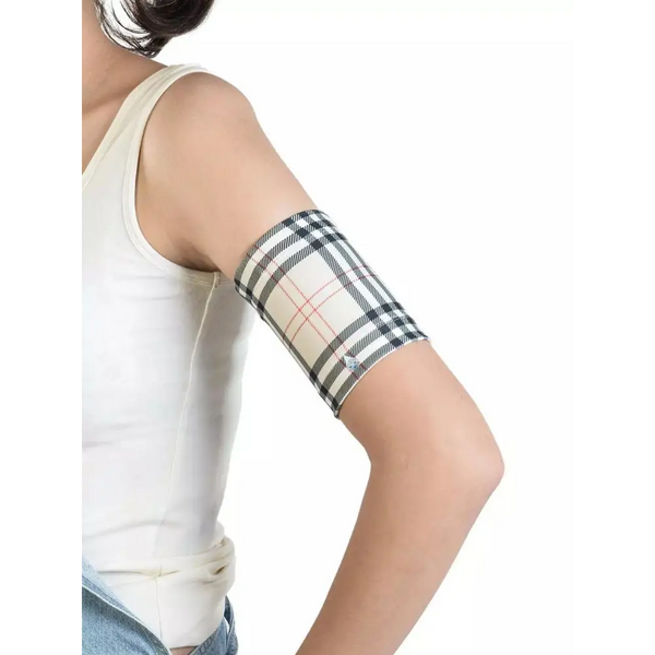 Trendy CGM arm band with retro plaid design for glucose sensor and insulin pump.