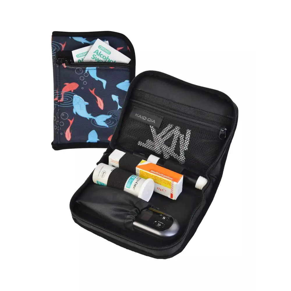 Diabetic Children's Travel Case with glucose meter and accessories in playful design.