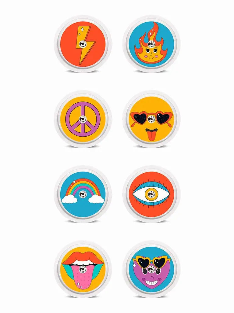 Freestyle Libre Stickers big set of 8 colorful designs on sensor.