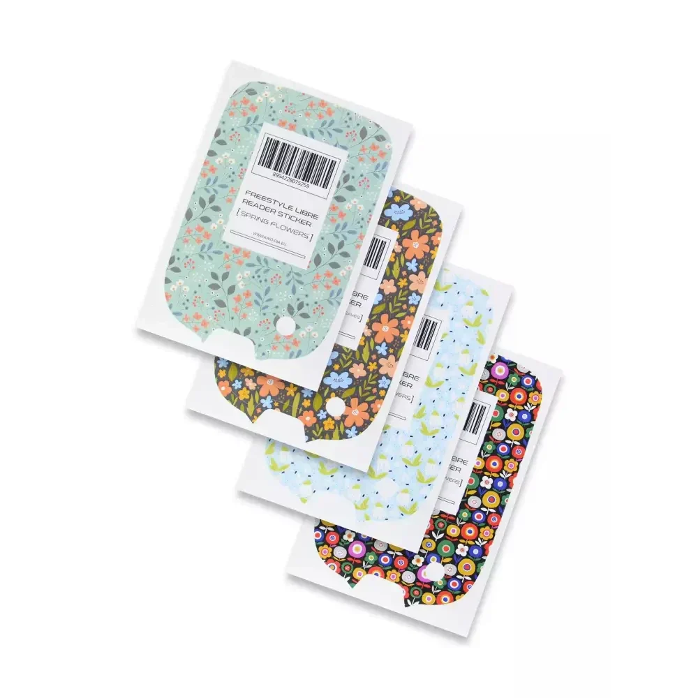 Freestyle Libre Reader stickers in floral spring designs, easy to apply and water-resistant.