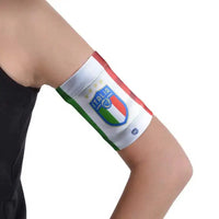 Glucose sensor armband for children featuring Italian flag design, worn on arm.