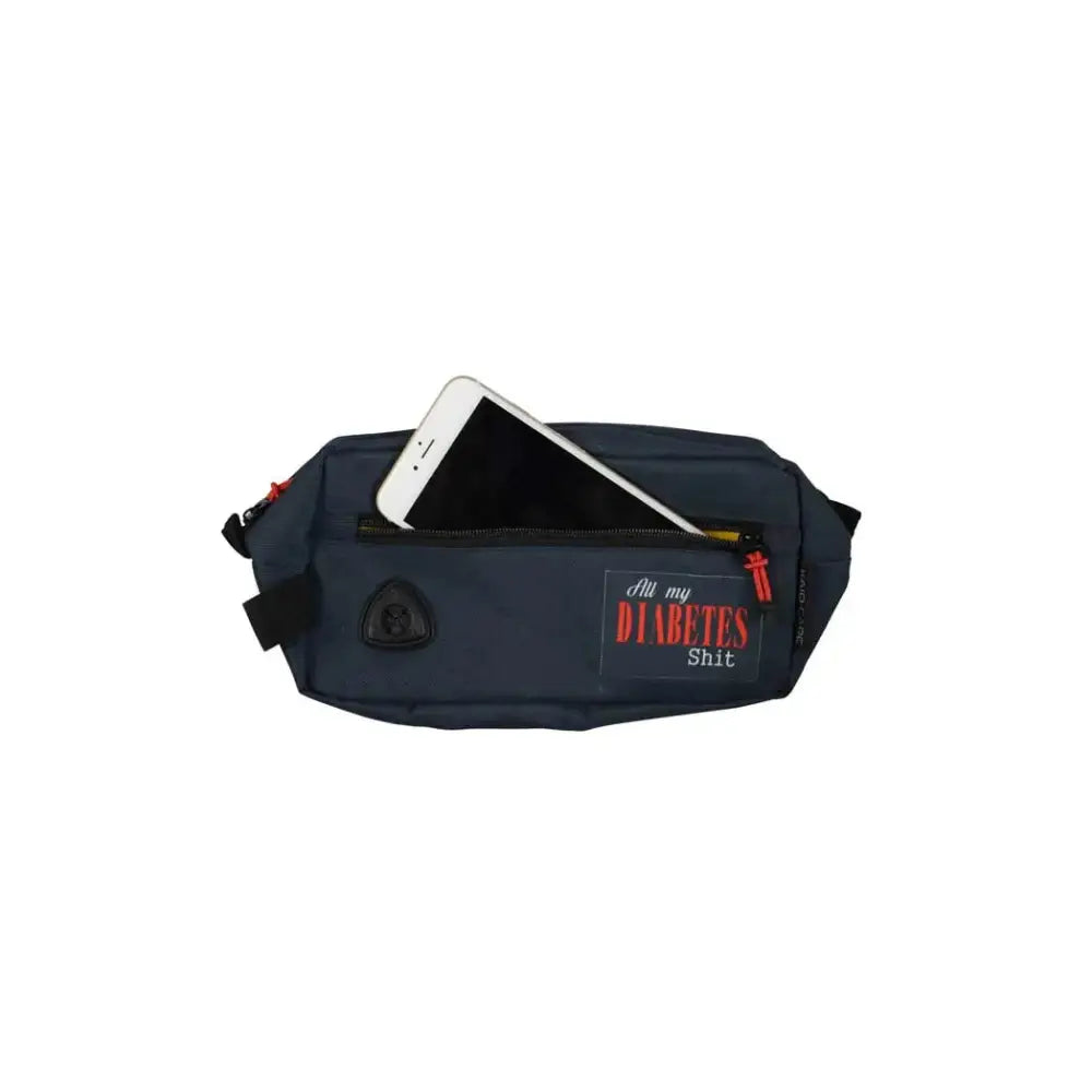 Diabetes bag with multiple pockets and phone compartment, made from waterproof polyester, ideal for organizing supplies.