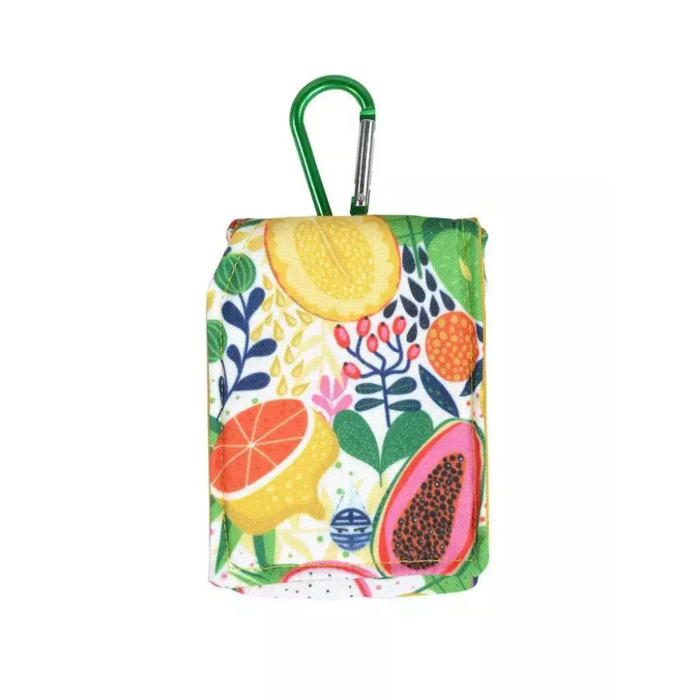 Insulin pump pouch for kids with colorful fruit design and green carabiner.