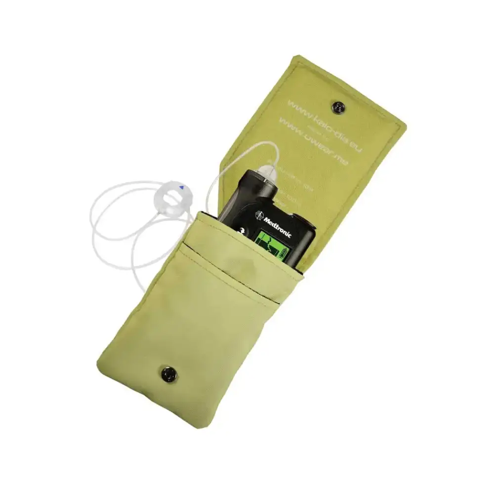 Insulin pump pouch for kids with cooling system and attached insulin pump.