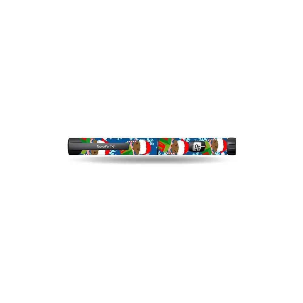 Christmas themed NovoPen insulin pen sticker on black NovoPen.