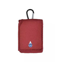 Red insulin pump cooling pouch with carabiner and gel packs for temperature control.