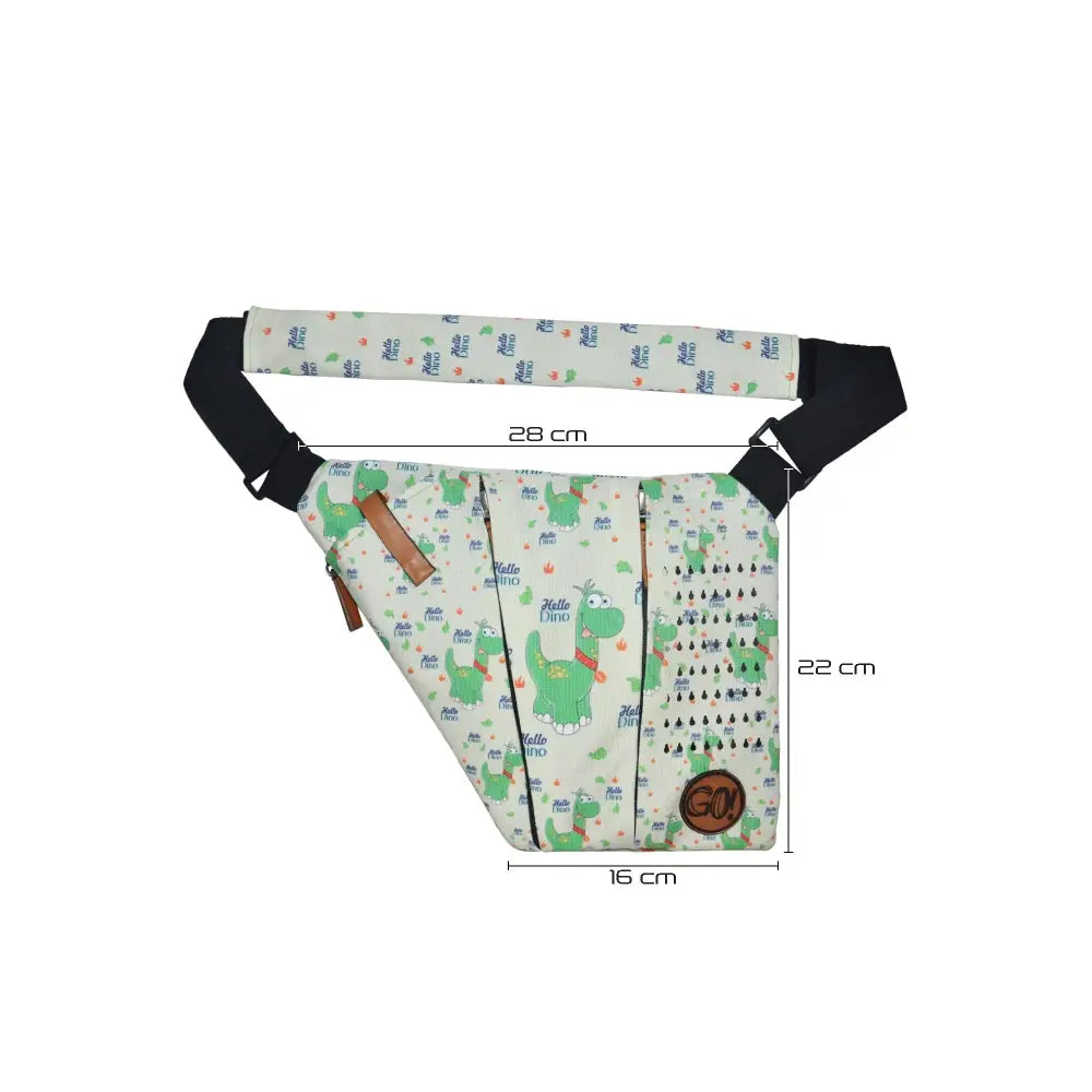 Children's shoulder bag with cooling system for insulin storage, featuring a dinosaur print and adjustable strap.