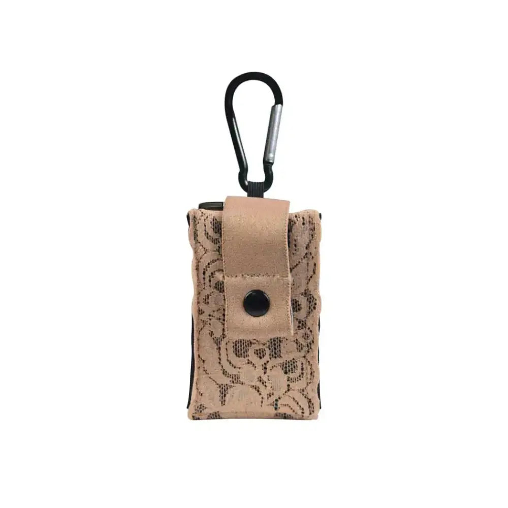 Universal insulin pump pouch in lace design with carabiner attachment.